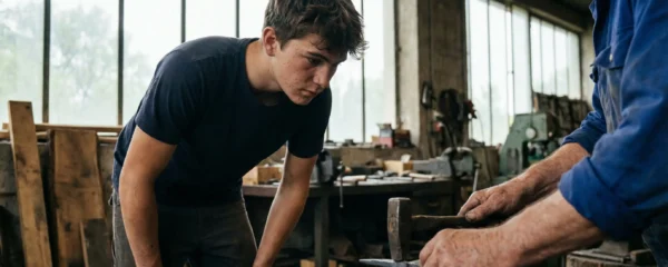 Jeune apprenti observant une démonstration technique en atelier MFR