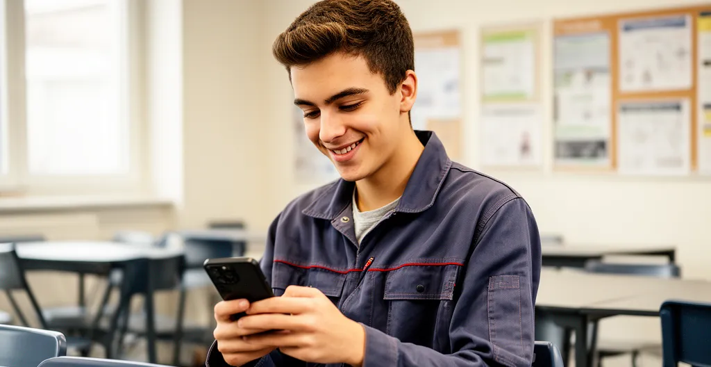 Jeune apprenti souriant consultant son téléphone pendant une pause