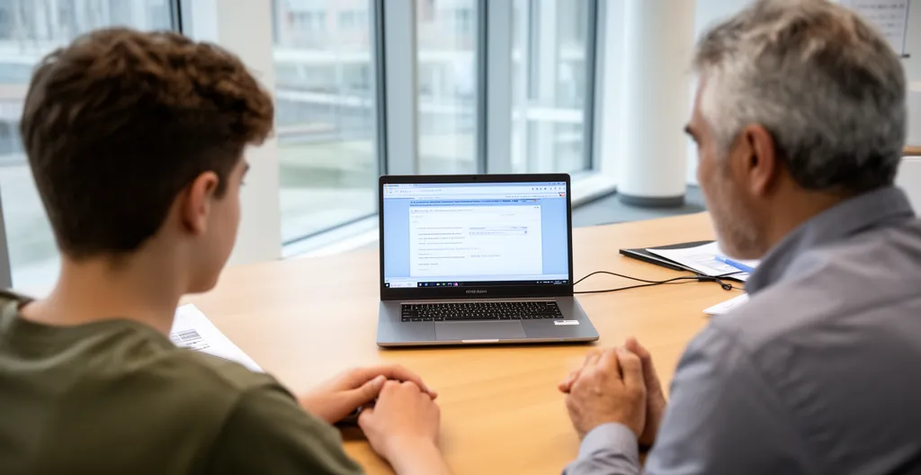 Jeune en discussion avec un conseiller d'orientation dans un bureau de formation