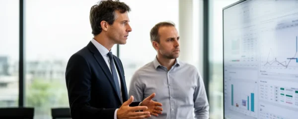 Expert comptable CSE présentant analyse financière à élu du personnel en salle de réunion