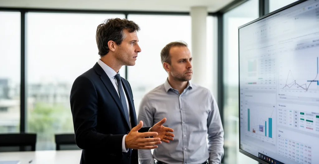 Expert comptable CSE présentant analyse financière à élu du personnel en salle de réunion