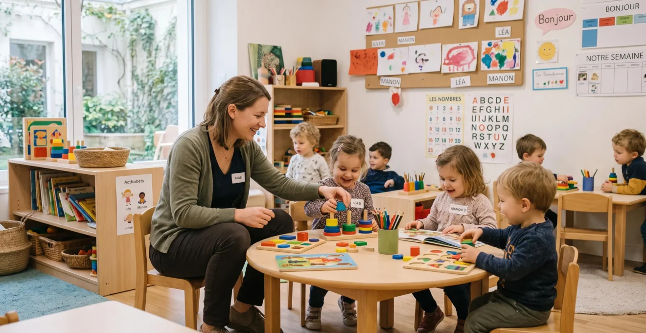 Éducatrice de jeunes enfants dans une crèche française moderne, environnement éducatif avec mobilier adapté à la petite enfance