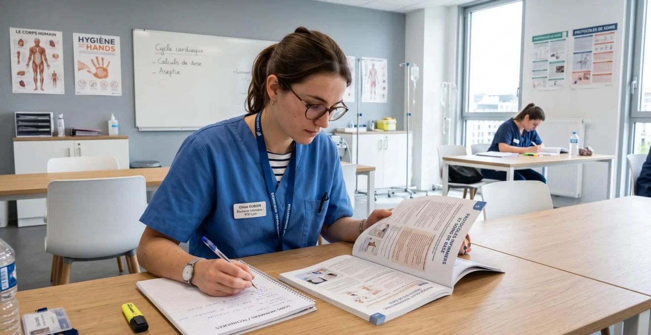 Étudiant en alternance consultant ses supports de formation dans une salle moderne d'un établissement sanitaire français